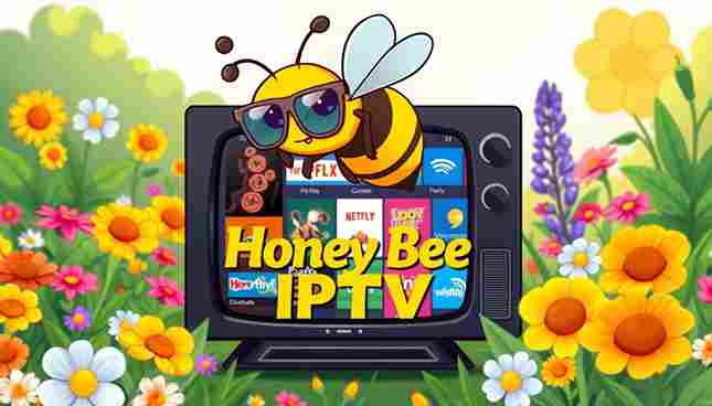 A vibrant and whimsical representation of a bee wearing stylish glasses, hovering over a colorful television screen displaying various channels. The scene is set in a bright garden filled with flowers and honeycomb patterns, symbolizing the concept of streaming and entertainment. Incorporate the brand name "Honey Bee IPTV" artistically into the design, blending it with the nature-inspired elements.